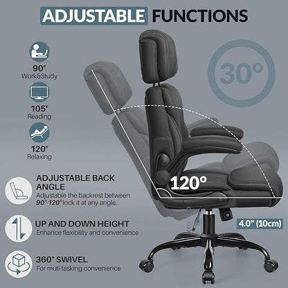 Office Chair, Ergonomic Big and Tall Computer Desk Chair with Retractable Adjustable Headrest, Executive Breathable Leather Chair, Lumbar Support Swivel PC Chair with Flip-up Armrests Rocking Function