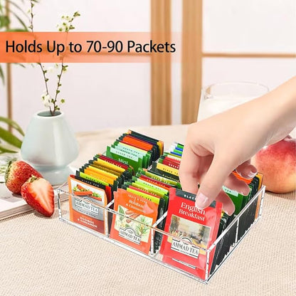 Tasybox Tea Bag Organizer, Clear Acrylic Tea Bag Holder with 6 Slot, Tea Packet Storage for Drawer, Pantry, Kitchen, Cabinet, Countertop