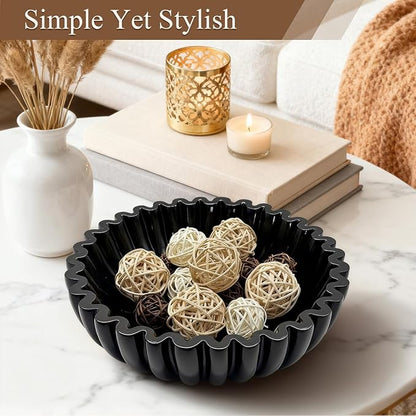 Large Modern Ruffle Bowls, Artificial Stone Decorative Catch All Bowl for Kitchen Counter and Entryway Table, Handcrafted Fruit Bowls and Key Bowl for Home Decor(Black)