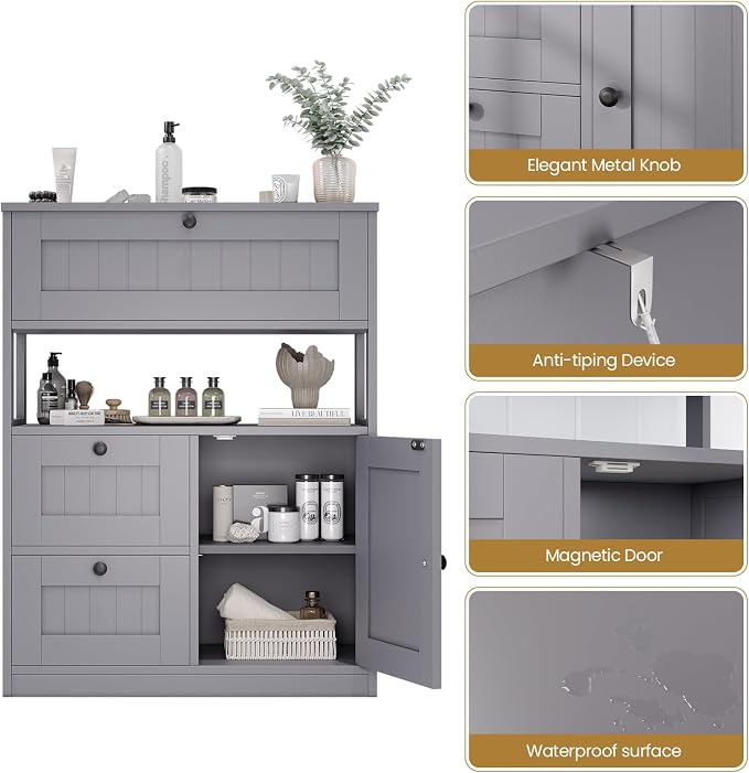 GRUSIGN Bathroom Cabinet, Modern Bathroom Floor Storage Cabinet Organizer with 1 Door and 3 Drawers, Freestanding Cupboard for Kitchen/Living Room Use