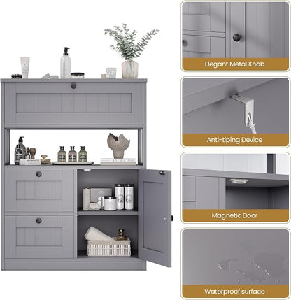 GRUSIGN Bathroom Cabinet, Modern Bathroom Floor Storage Cabinet Organizer with 1 Door and 3 Drawers, Freestanding Cupboard for Kitchen/Living Room Use
