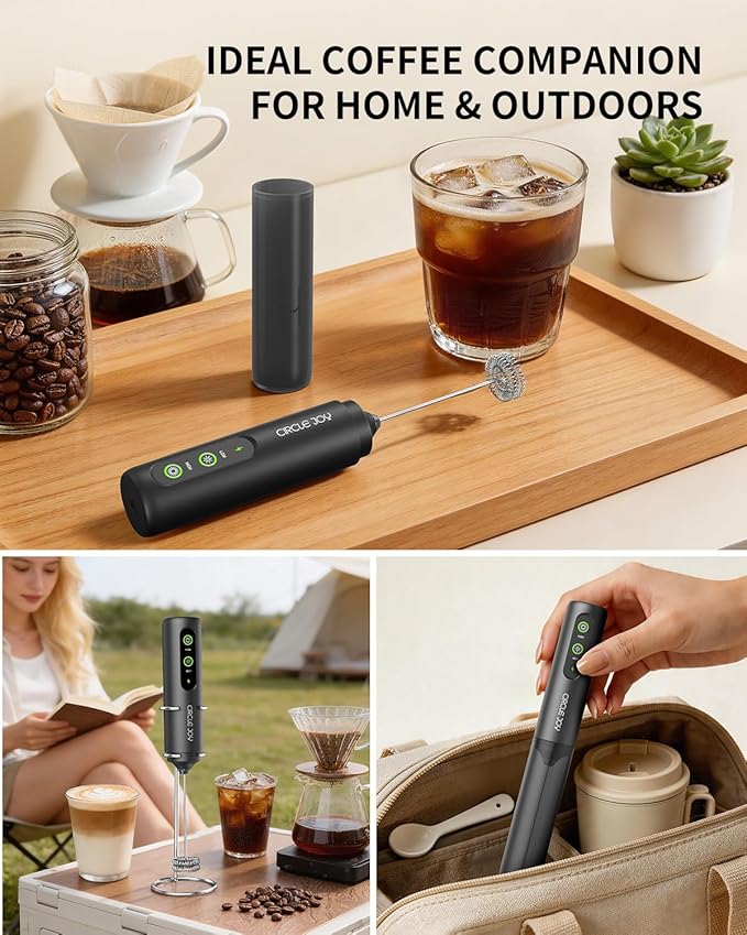 CIRCLE JOY Rechargeable 2-Speed Handheld Milk Frother with Stand, Dual Spring Whisk Electric Foamer, Portable & Detachable Coffee Frother Wand, Drink Mixer for Lattes, Macchiato, Hot Chocolate, Black
