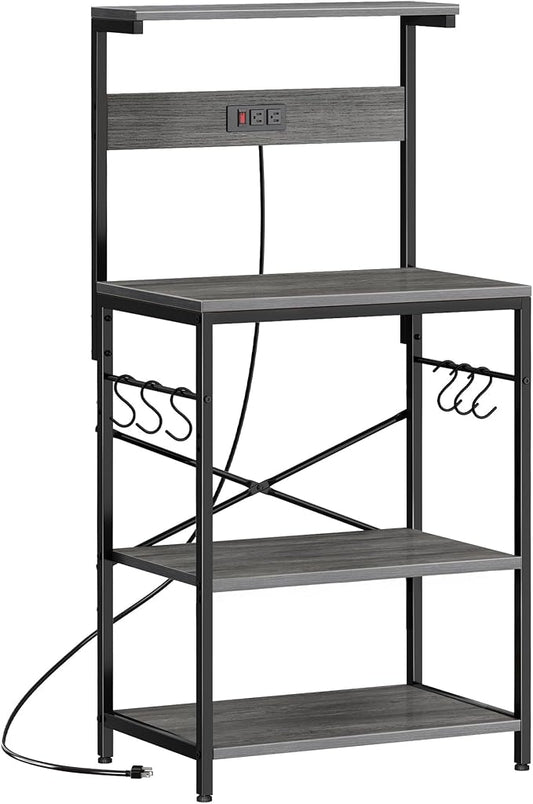 SUPERJARE Kitchen Bakers Rack with Power Outlet, Coffee Bar Table 4 Tiers, Kitchen Microwave Stand with 6 S-Shaped Hooks, Storage Shelf Rack for Spices, Pots and Pans - Charcoal Gray