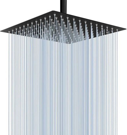 Voolan Rain Shower Head - High Flow Large Rainfall Shower Heads Made of Stainless Steel - Waterfall Bathroom Square Showerhead - Ceiling or Wall Mount (12" Black)