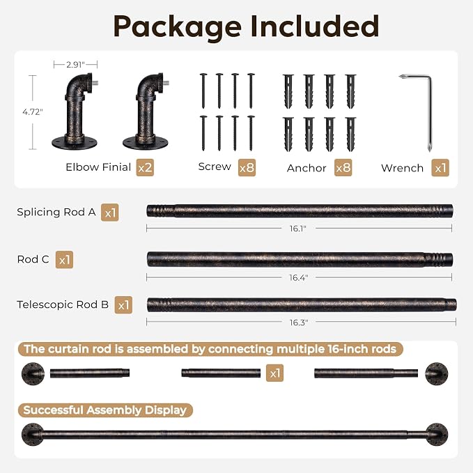 Zeerobee Curtain Rods for Windows 32 to 48, 1 Inch Industrial Wrap Around Vintage Bronze Curtain Rod, Indoor/Outdoor Room Divider Adjustable Drapery Pole, 32"-48"