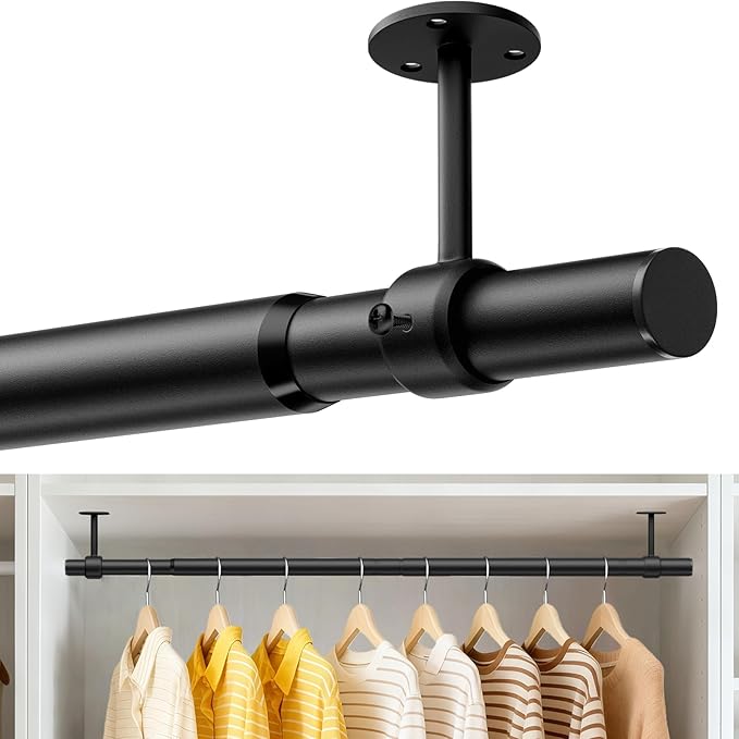 Closet Rods for Hanging Clothes, 17 to 28 Inches Ceiling/Wall Mounted Stepless Adjustable Closet Hanging Rod, 1.3 Inch Heavy Duty Hanging Clothes Rod for Closet Wardrobe Laundry RV (Black)