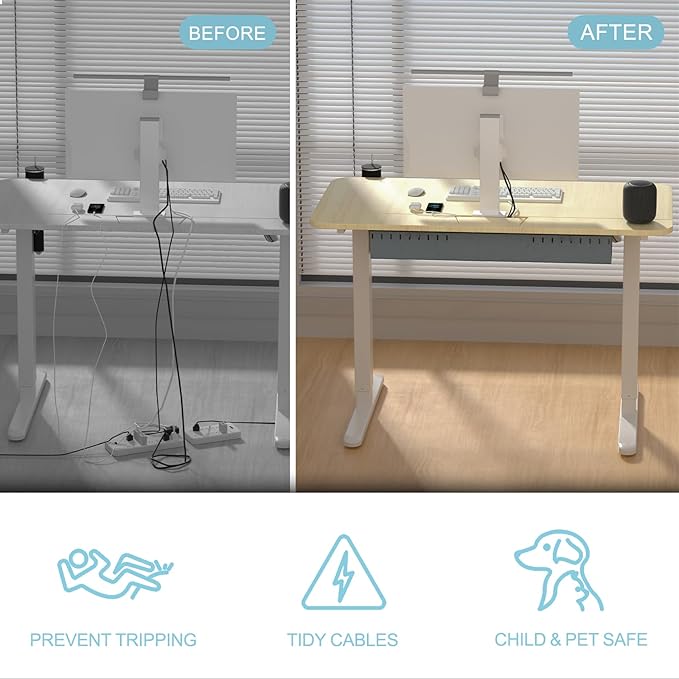Electric Standing Desk With Cable Management Tray,55x24 Inch Adjustable Height Sit Stand Desk,With Memory Presets & Anti-Collision Computer Desk For Office,Home,Light Wood Top&White Frame