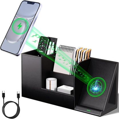 Pen Organizer with Phone Stand,Black Vegan Leather Desk Organizers with Remote Control Holder,Pencil Holder for Desk,Desk Organizer with Phone Charger for Office/Nightstand/Endtable