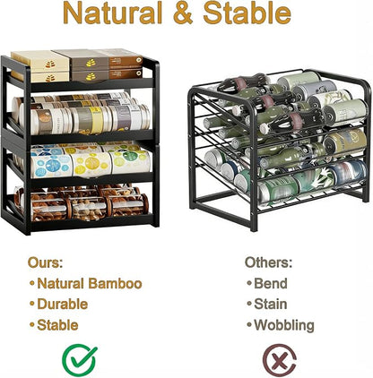 BAMBANG Can Organizer for Pantry, Detachable Bamboo 4 Tier Stackable Can Food Storage Rack, Rolling Soda Can Dispenser Can Holders for Cabinet, Holds Up to 48 Cans, Black