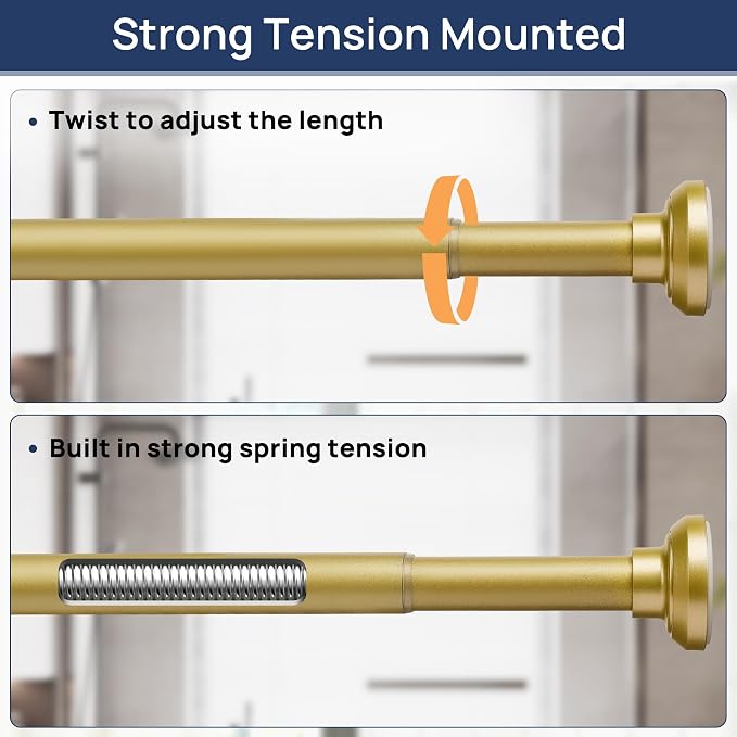 ENJOYBASICS Shower Curtain Rod 30 to 52 Inches, Stainless Steel Adjustable Spring Tension Rods No Drill for Bathroom, Closet, Window, Room Divider, Never Rust, Non Slip, Gold