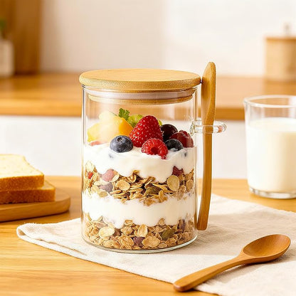 Overnight Oats Jars, Overnight Oats Container with Lid and Spoon, 2 Pack Glass Jars with Bamboo Lids for Cereal, Yogurt, Chia Pudding