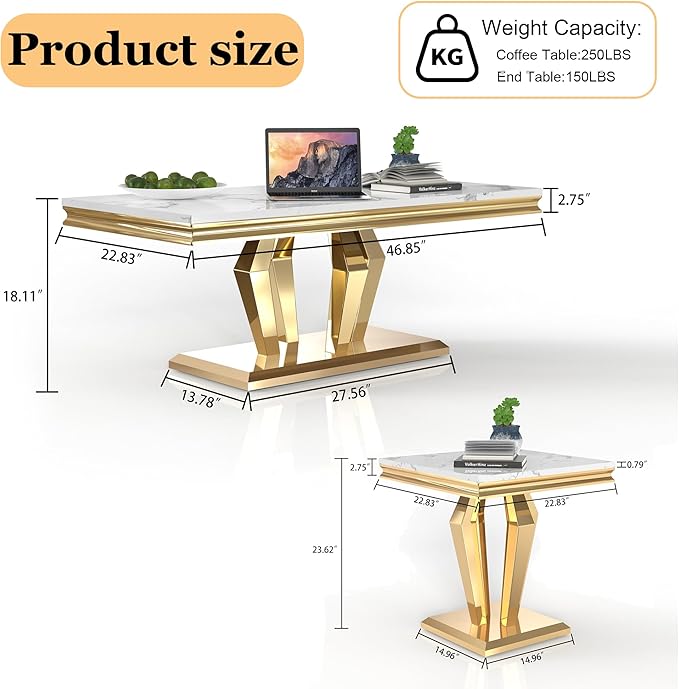 Living Room Coffee Table Set of 3, Modern Marble Coffee Table and 2 End Side Tables, 3-Piece Living Room Table Set with Stainless Steel Base for Living Room (Gold,White)