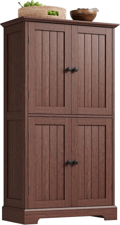 ChooChoo Bathroom Floor Cabinet, Farmhouse Bathroom Storage Cabinet with 4 Doors and Adjustable Shelves, Pantry Cabinet for Living Room, Kitchen, Walnut