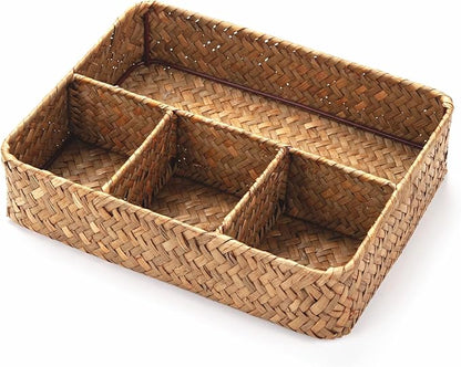 YANGQIHOME Tea Bag/Sugar Packet Holder, Coffee Station Condiment Organizer, Seagrass Storage Basket, Wicker Rattan Divided Basket Organizer for Drawer/Shelf/Countertop