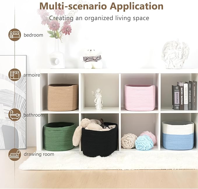 Cotton Rope Storage Basket, 15x10x9 Inches, Woven Basket for Shelves, Clothes, Towels, Books, and Laundry, Green (3 Pack)