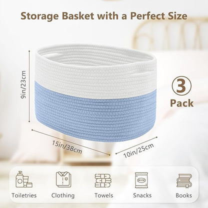 Cotton Rope Storage Basket, 15x10x9 Inches, Woven Basket for Shelves, Clothes, Towels, Books, and Laundry, White Blue (3 Pack)