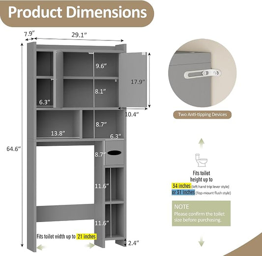 Over the Toilet Storage Cabinet, Freestanding Farmhouse Storage Cabinet Over Toilet, Bathroom Organizer with Paper Holder Stand and Adjustable Shelf, Grey
