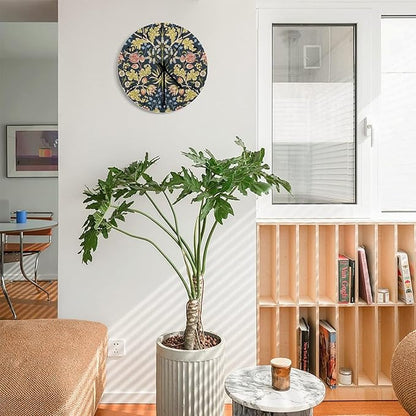 Retro Floral Wall Clock, Vintage William Morris Style Flowers and Foliage Round Clocks Wall Decor Silent No Ticking 12 Inch Wooden Clock for Bedroom Living Room Home Office