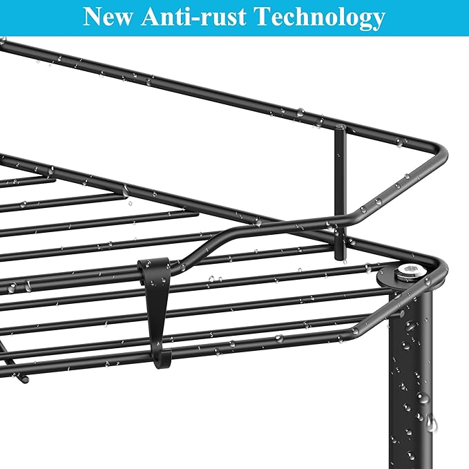 2 Tier Floor Standing Corner Shower Caddy Organizer Shelf with Hooks, Bathroom Shelves Stand Rack, Matt Black