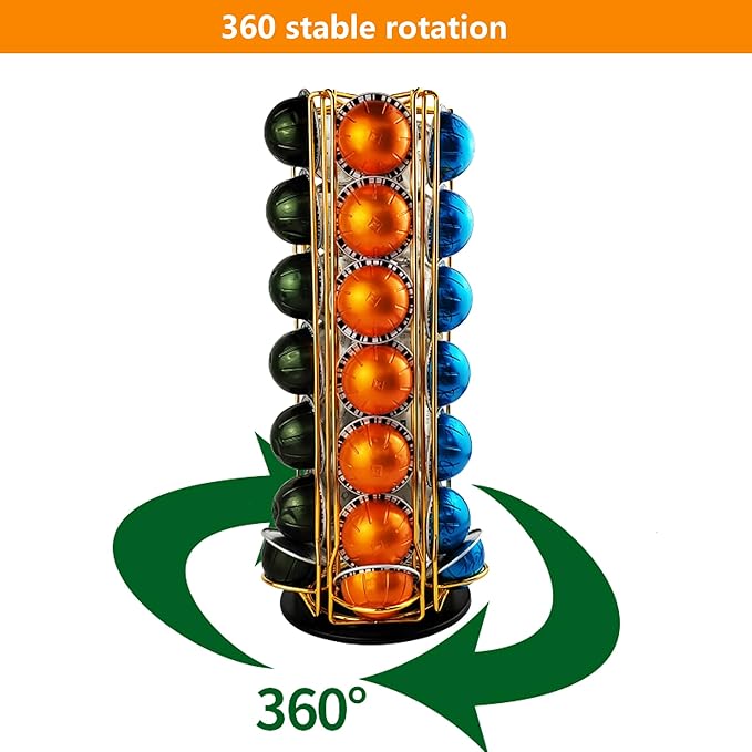 Vertuo Pod Holder Carousel Stand for 35 Nespresso Vertuo Capsule Storage Organizer with Extra Space for Coffee Mate Silent Rolling，Gold