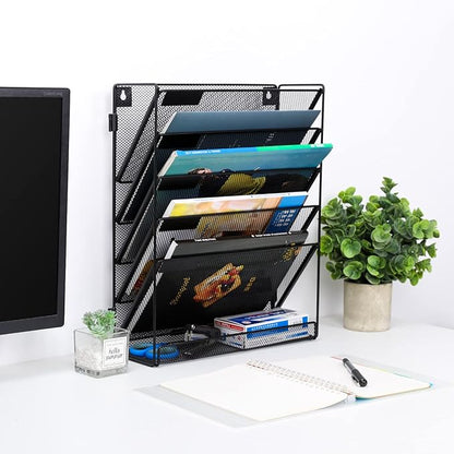EasyPAG Mesh Wall File Organizer 5 Tier Letter-Sized Assemble Desk/Wall Mount File Holder Mail Organizer for Office Home and Classroom, 2 Pack Black