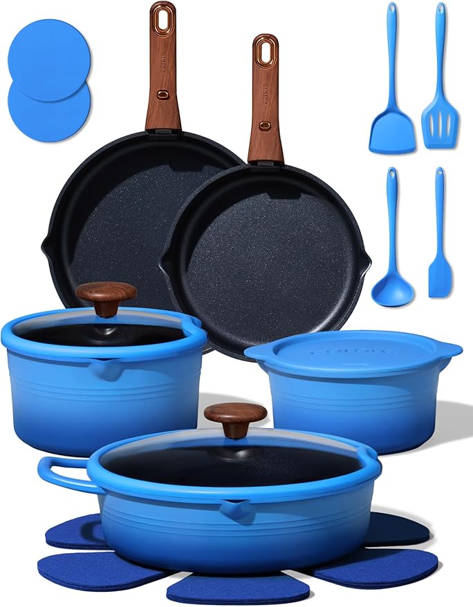 CAROTE 20Pcs Titanium Cookware Set, Pots and Pans Set Non Stick, Kitchen Cooking Set with Detachable Handle, Non Toxic Induction Cookware - Camping Cookware, Dishwasher/Oven Safe, Blue