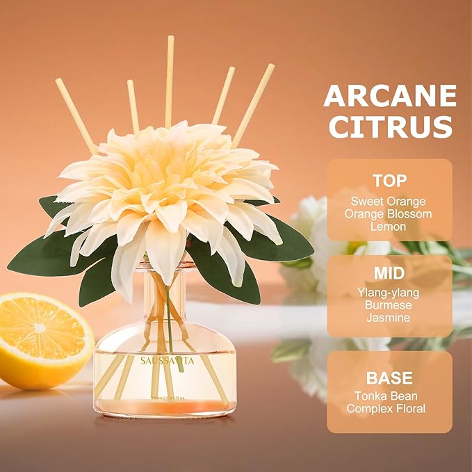 Saussavita Reed Diffuser Set for Home, 7.1 fl oz / 210 ml - Tangerine Scent Diffuser with Sticks Home Fragrance Flower Reed Diffuser with Plastic Flowers for Bathroom Shelf Décor