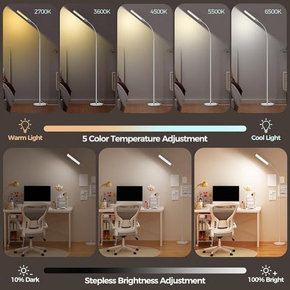 LED Floor Lamp for Living Room, Bright Reading Lamps for Office, Adjustable Colors Temperatures&Brightness, Dual Head Goose Neck Standing Lamp, Remote and Button Control, Eye-Caring Tall Lamp, White