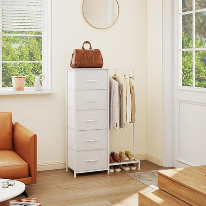 Somdot Dresser with Hanging Rack,5 Drawers Small Closet for Bedroom,Reversible Dresser with Clothes Rack,Kids Dressers for Bedroom Chest of Drawers,Tall Storage Tower,White Leather