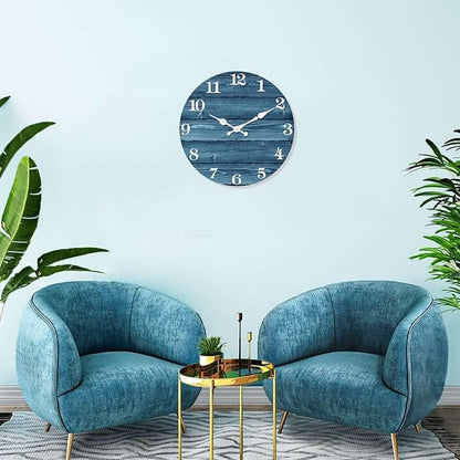 XFM Blue Wooden Wall Clock 14 Inch Silent Wall Clocks Battery Operated Decorative Farmhouse Rustic Wall Clock for Kitchen Living Room Office