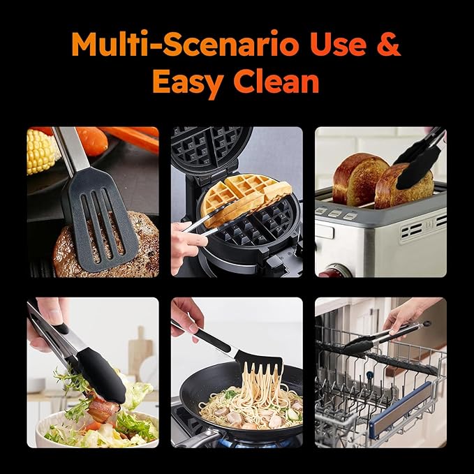 HST Tongs for Cooking with Silicone Tips(3 Pack), Non Stick Kitchen Tongs with Silicone Tip for Cooking BBQ Baking (9", Black)