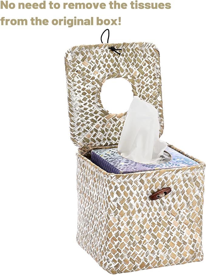 Sumnacon Tissue Box Cover Square Seagrass Tissue Box with Lid, Woven Tissue Box Holder Rustic Cube Tissue Cover for Bathroom Toilet Bedroom Living Room Kitchen Table Desk Office Car, Whitewash