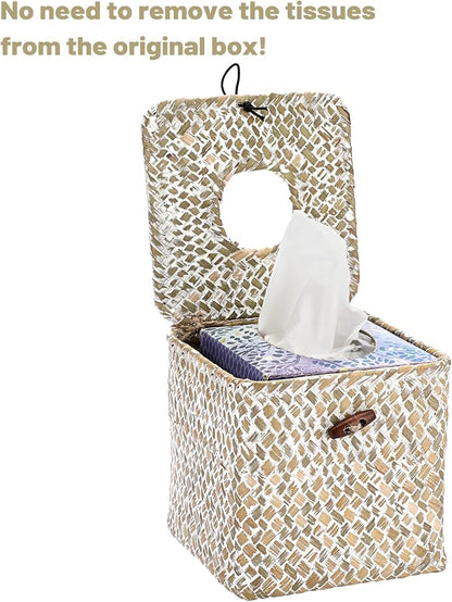 Sumnacon Tissue Box Cover Square Seagrass Tissue Box with Lid, Woven Tissue Box Holder Rustic Cube Tissue Cover for Bathroom Toilet Bedroom Living Room Kitchen Table Desk Office Car, Whitewash
