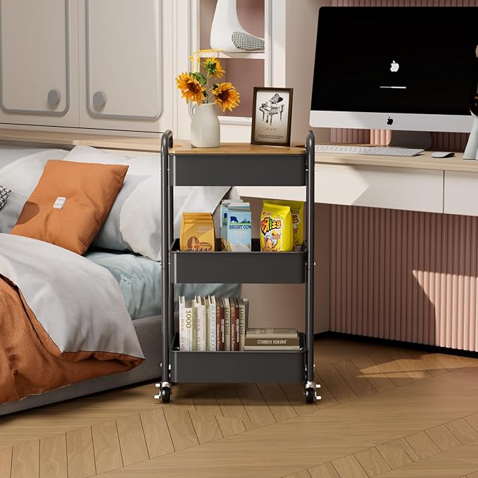 johgee 3 Tier Rolling Cart with Table top, Metal Utility Cart, Sturdy Storage Organizer Cart with Locking Wheels & Hooks for Office, Classroom, Kitchen and Bathroom