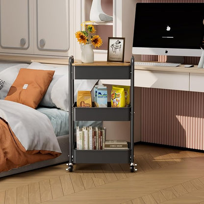 johgee 3 Tier Rolling Cart with Table top, Metal Utility Cart, Sturdy Storage Organizer Cart with Locking Wheels & Hooks for Office, Classroom, Kitchen and Bathroom