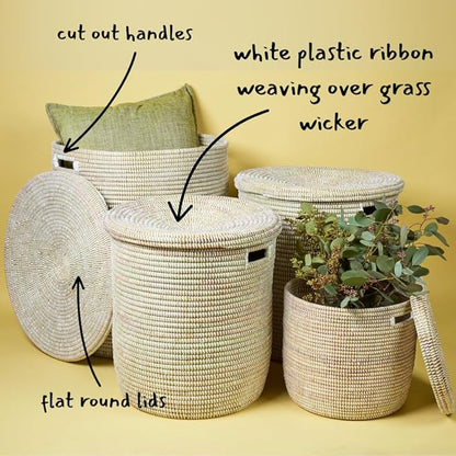 Extra Large White Storage Basket - Laundry Hamper, Baby Nursery Toys Bin, Living Room Blankets Storage, Towels Holder, Organizing, Decorative - Wicker, Woven, Lid, Handles
