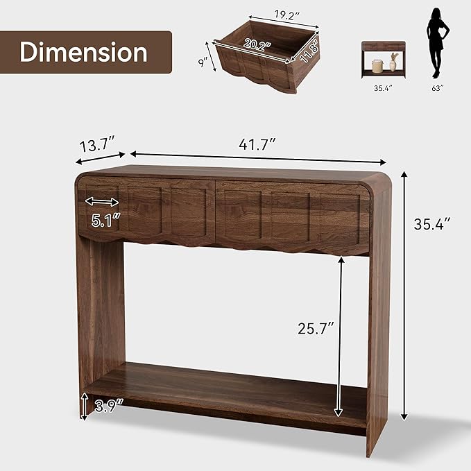 Console Table with 2 Drawers, Mid-Century Modern 42" Entryway Table with Open Storage Shelves, Sofa Table Behind Couch for Living Room, Hallway, Walnut