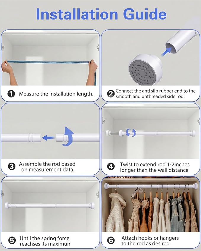 Supforce No Drilling Closet Rods for Hanging Clothes, Non Slip Tension Rod with Heavy Duty Clothes Hanging Rod, 17-39 Inches Adjustable Spring Closet Rod for Closet Wardrobe Bathroom Laundry RV, White