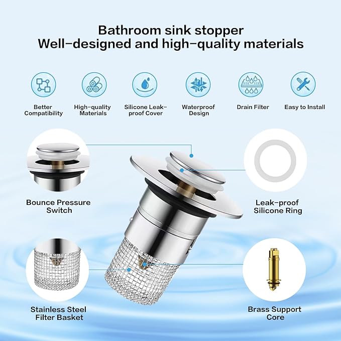 Bathroom Sink Drain Strainer, Pop Up Sink Drain Strainer with Removable Stainless Steel Filter Basket Hair Catcher, Universal Drain Plug for Bathroom Sink Stopper Replacement (2 pcs)