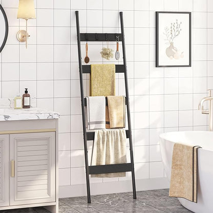 HOOBRO Blanket Ladder, 5-Tier Towel Rack with Hooks, Wall-Leaning Blanket Rack, Decorative Display Ladder Shelf, Scarves, Industrial, Living Room, Bedroom, Black BB52CJ01