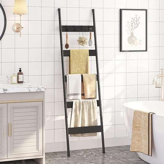 HOOBRO Blanket Ladder, 5-Tier Towel Rack with Hooks, Wall-Leaning Blanket Rack, Decorative Display Ladder Shelf, Scarves, Industrial, Living Room, Bedroom, Black BB52CJ01