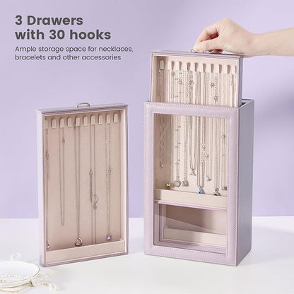 Lolalet Necklace Organizer Box, Jewelry Storage Box with Clear Window for Necklaces Bracelets, Tangle-Free Necklace Display Case for Women Girls, Dusty Purple, 3 Layers 30 Hooks