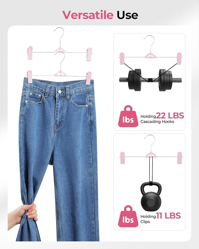 Skirt & Pant Hangers with Clips for Women - 50 Pack Space Saving Stackable Skirt Hangers with Clips - Non-Slip, Adjustable for Kid, Adult, Men, Children, Baby, Pink
