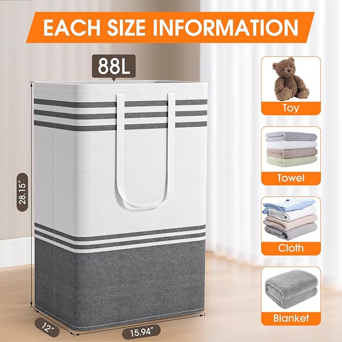 2 Pack Large Home Laundry Basket, Laundry Hamper, Freestanding Waterproof Dirty Clothes Bag, Tall Clothes Hamper - Extended & Reinforced Handles for College Dorm, Family (Light Grey/88L)