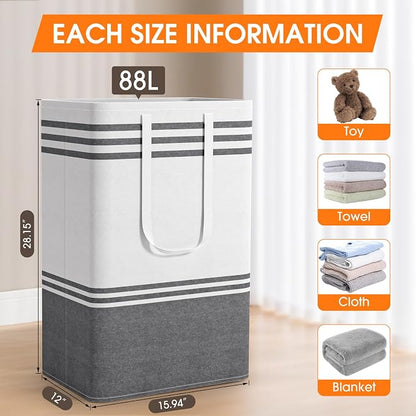 2 Pack Large Home Laundry Basket, Laundry Hamper, Freestanding Waterproof Dirty Clothes Bag, Tall Clothes Hamper - Extended & Reinforced Handles for College Dorm, Family (Light Grey/88L)