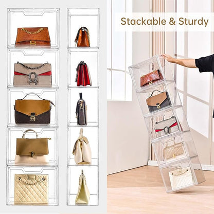 3 Pack Clear Storage Bins with Lids, Storage Containers with Magnetic Door, Stackable Acrylic Display Case for Handbags, Cosmetic, Multifunctional Storage Boxes for Dorm, Living Room, Bedroom Storage