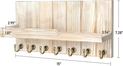 Rebee Vision Farmhouse Key Holder Wall Mount with Mail Organizer - Rustic Key and Mail Holder for Wall with Shelf and 7 Key Hooks - Wooden Apartment Essentials for Room Decor (Natural Wood,15-inch)