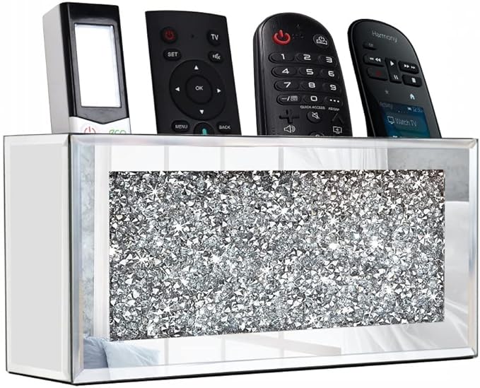 GOTHICO Mirrored Remote Holder, Wall Mounted Crush Diamond Bling Decoration Organizer Storage Box for Remote Phone Pad Wallet Notebook (8.3"×2.5"×4" For 3 or 4 Remote Controls)