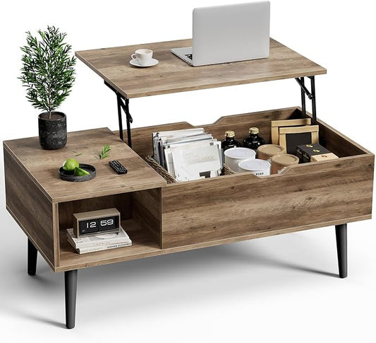 Sweetcrispy Coffee Table Lift Top Coffee Tables for Living Room,Small Rising Wooden Center Tables with Storage Shelf and Hidden Compartment, Grey