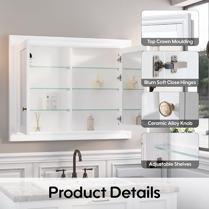 WELLFOR 40"x 32" Bathroom Medicine Cabinet with Dual Mirrors, Recessed Wood Medicine Cabinet with 3-Tier Adjustable Glass Shelves and Soft-Close Door